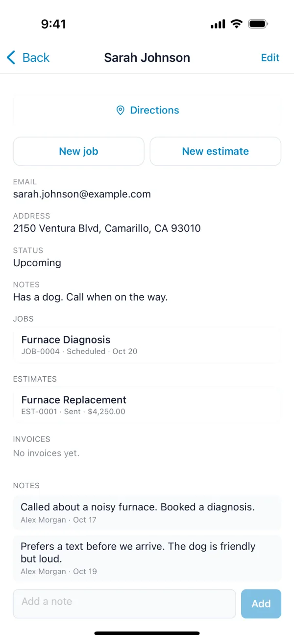 A customer's screen, with their notes at the bottom