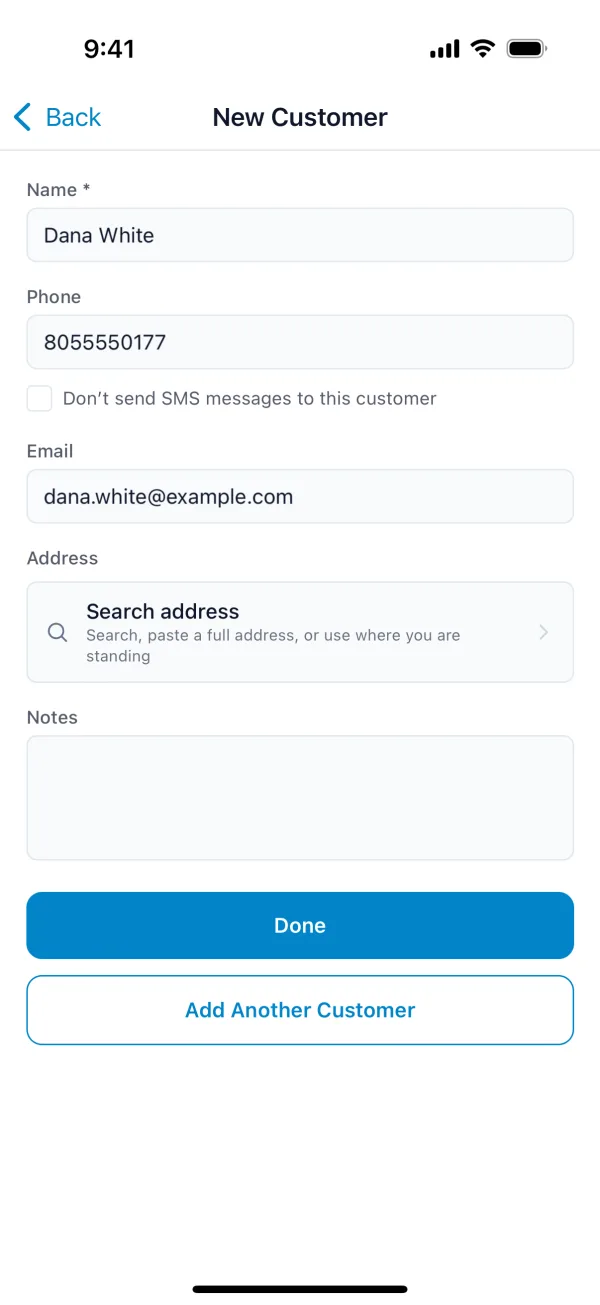 The New Customer screen filled in
