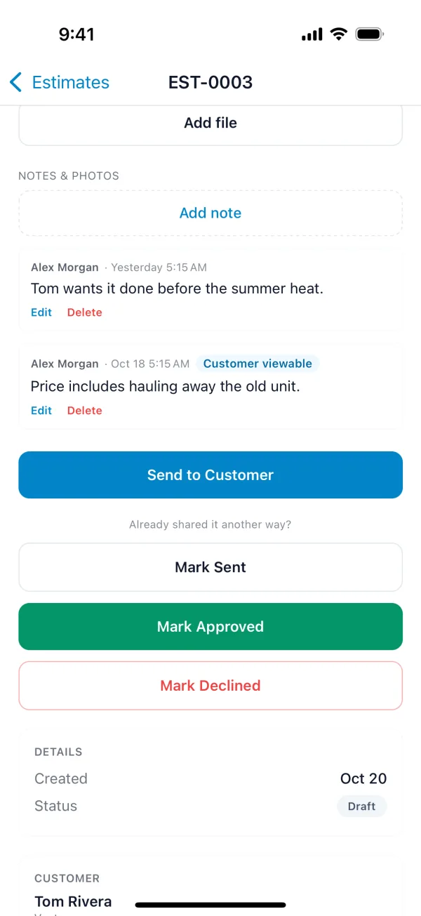 An estimate's notes on the phone