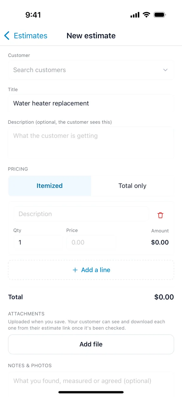 The New estimate screen