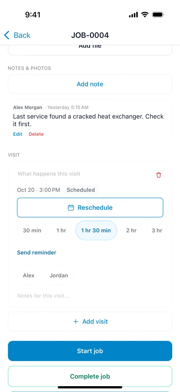 A job's visit, with Reschedule and Add visit