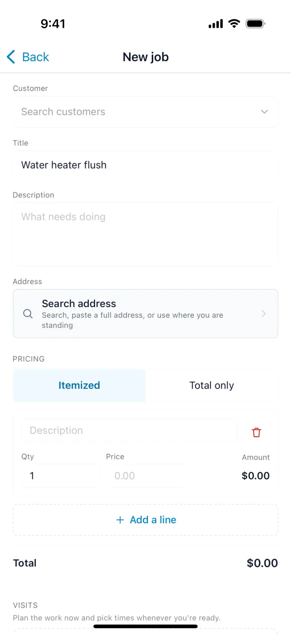 The New job screen