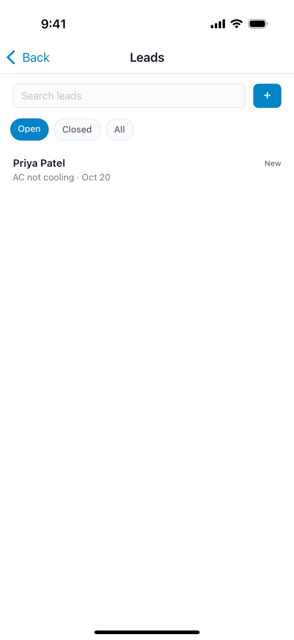 The Leads screen, with the + button at the top right