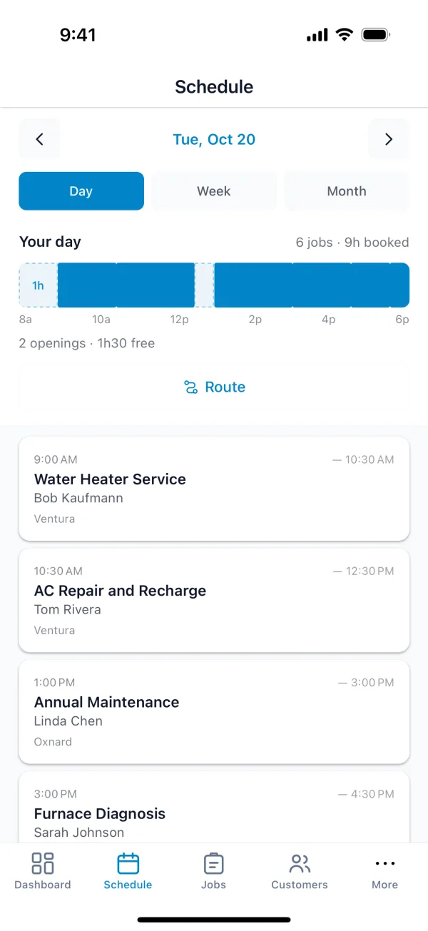 The Schedule tab, Day view