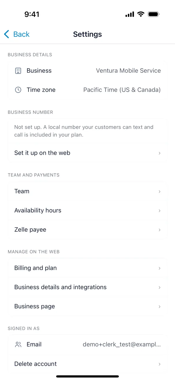 Settings on the phone, with the Manage on the web links