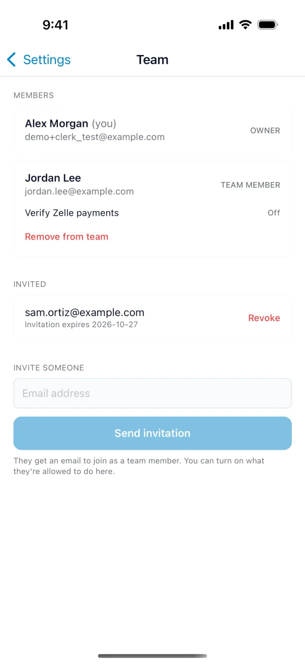 The Team screen