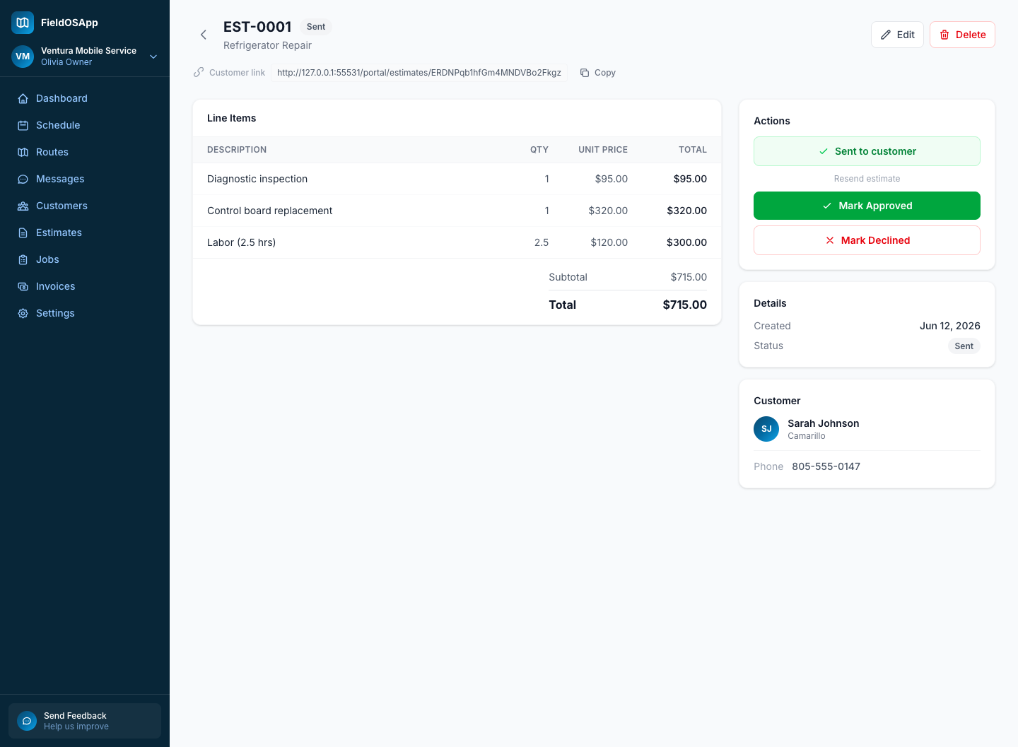 FieldOS estimate — itemized quote sent to the customer for one-tap approval