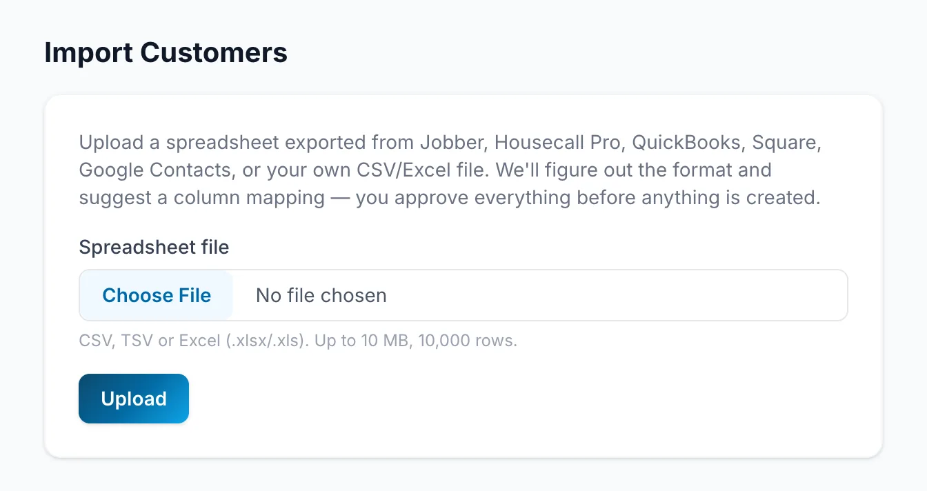 The Import Customers page