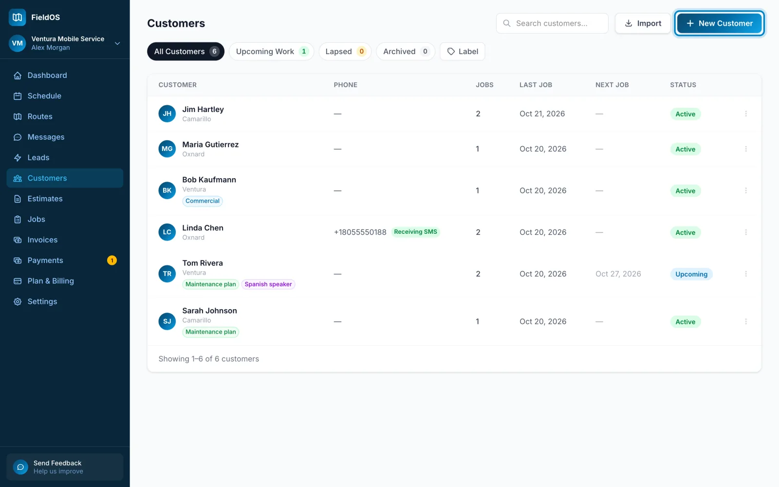 The Customers page with New Customer marked