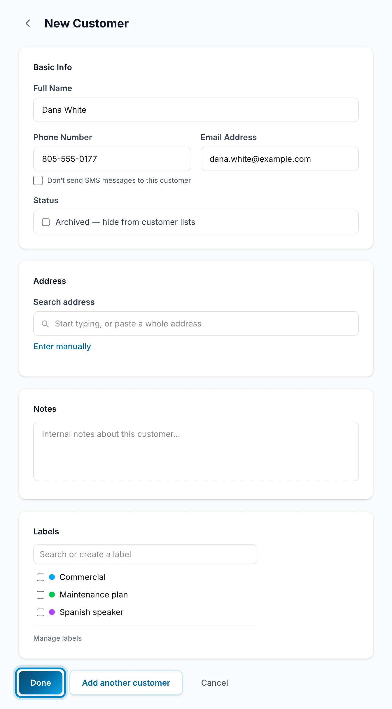The New Customer form filled in, with Done marked