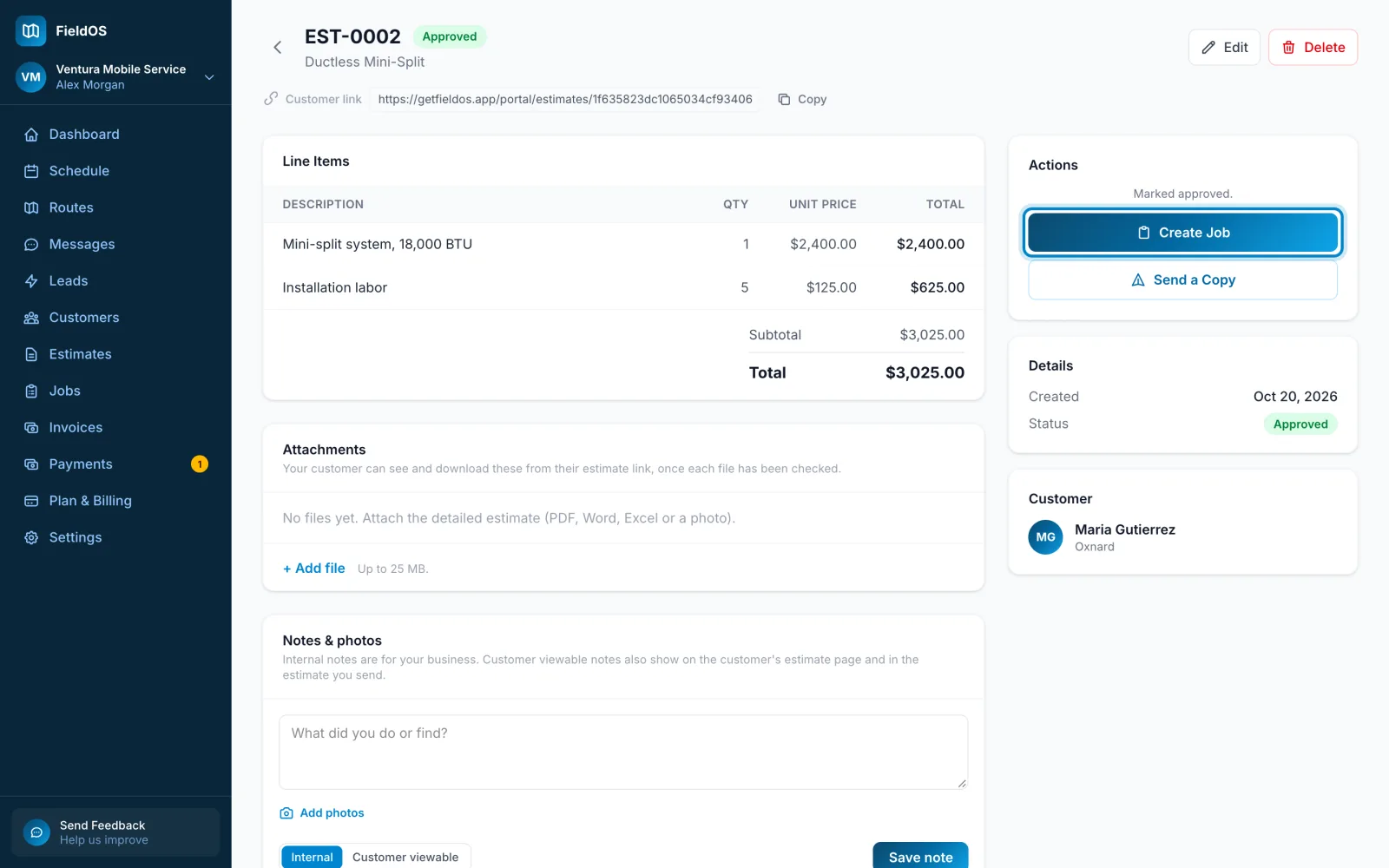 An approved estimate with Create Job marked