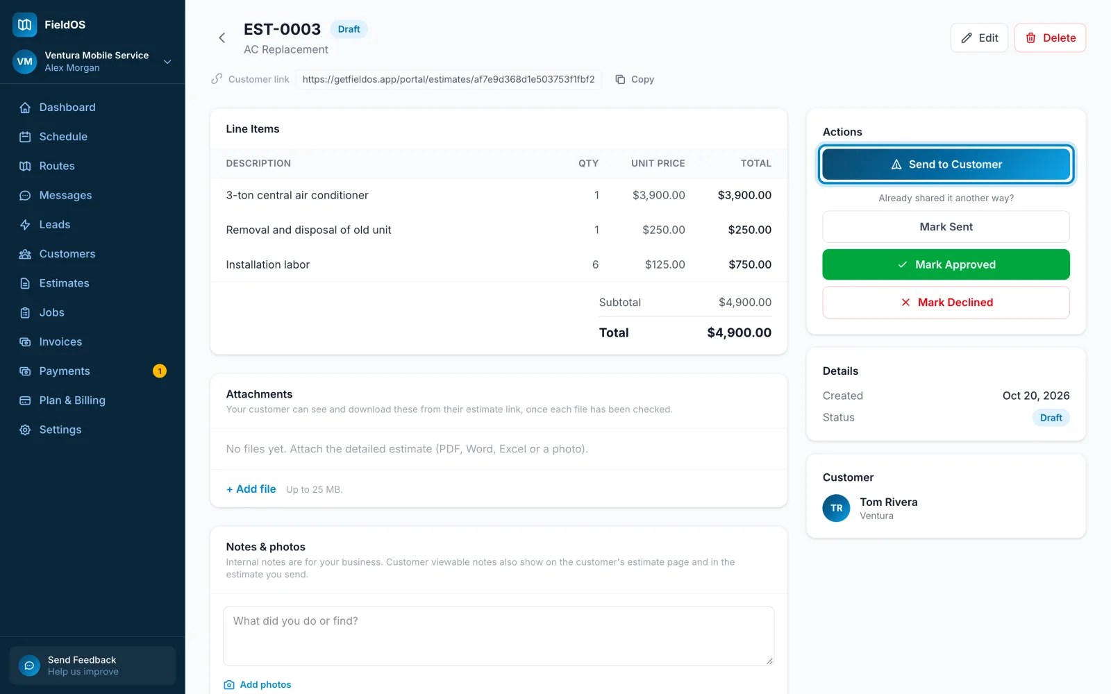 An estimate with Send to Customer marked