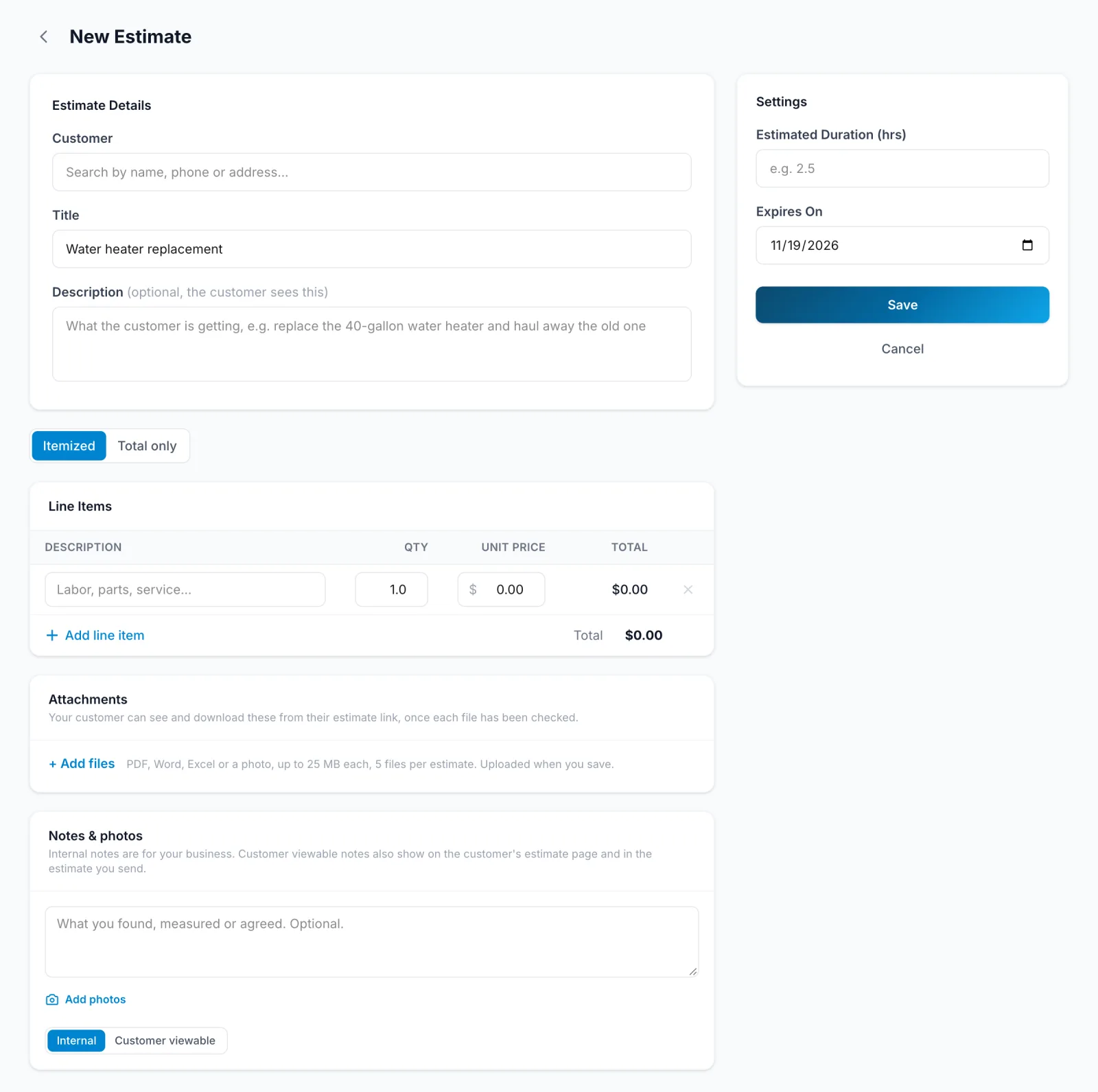 The New Estimate form