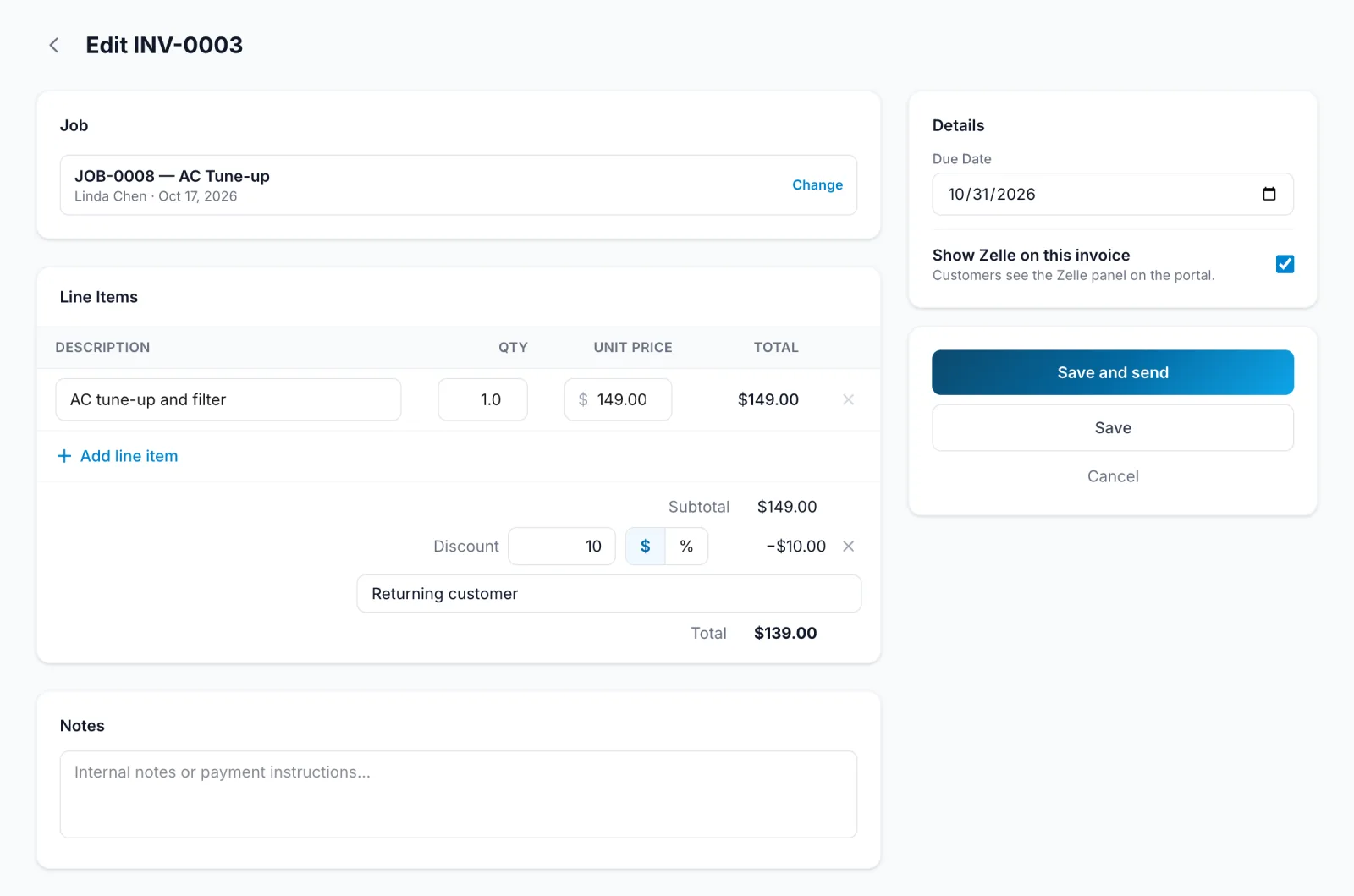 An invoice with a $10 discount