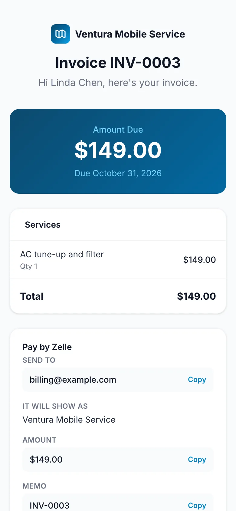 Pay by Zelle on the customer's invoice