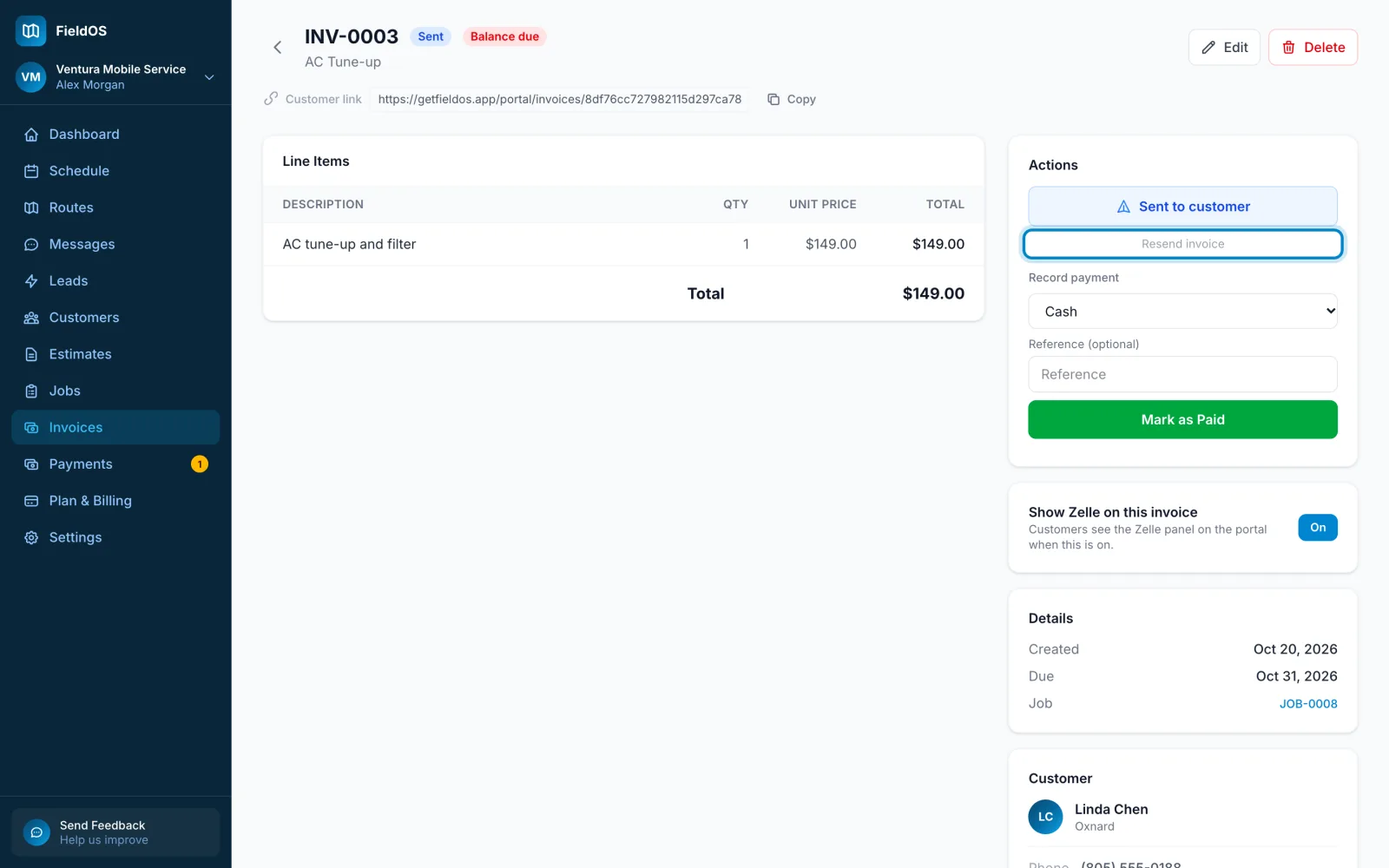 An invoice with its send button marked