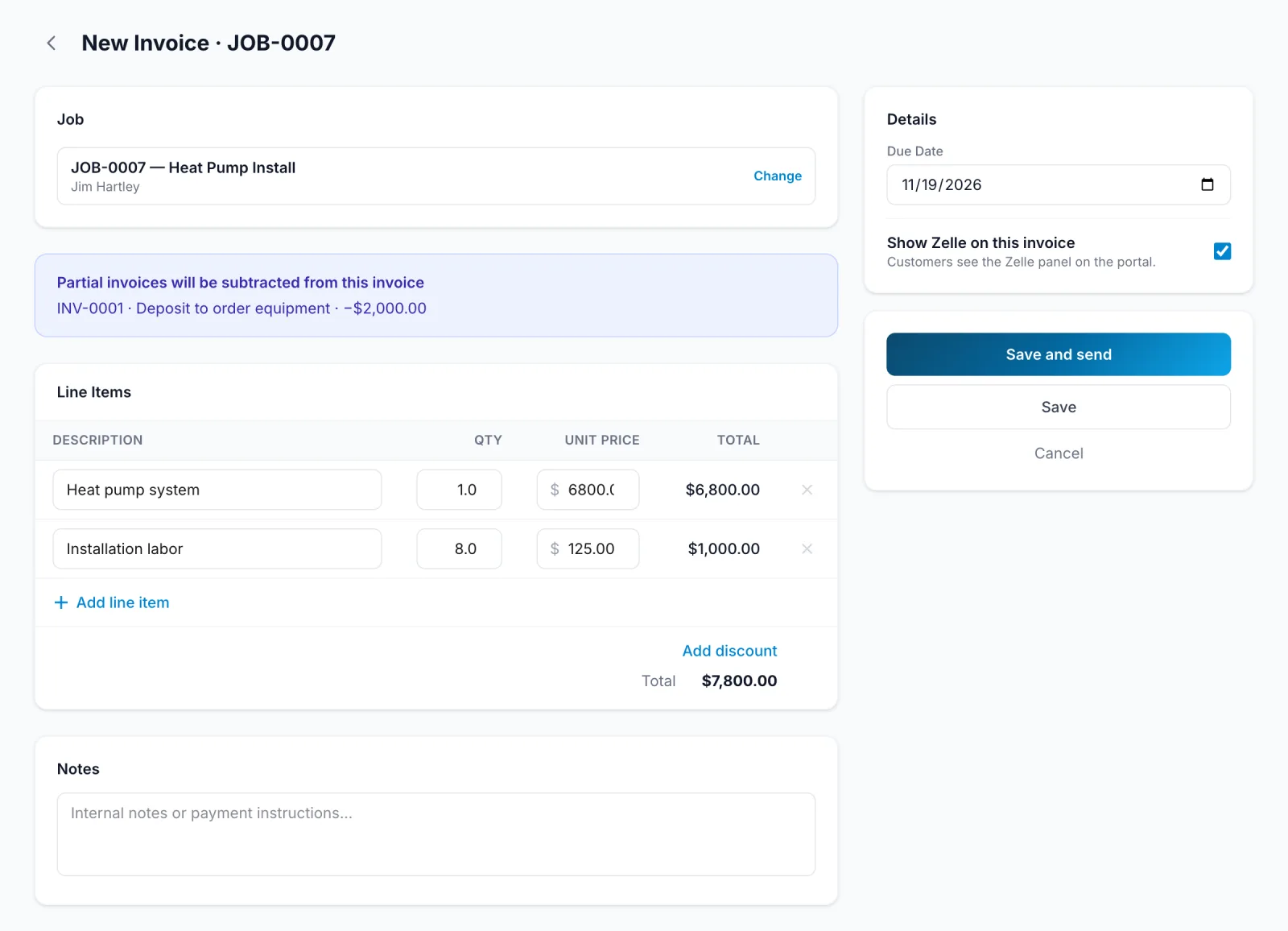 A new invoice for a job with a deposit already paid