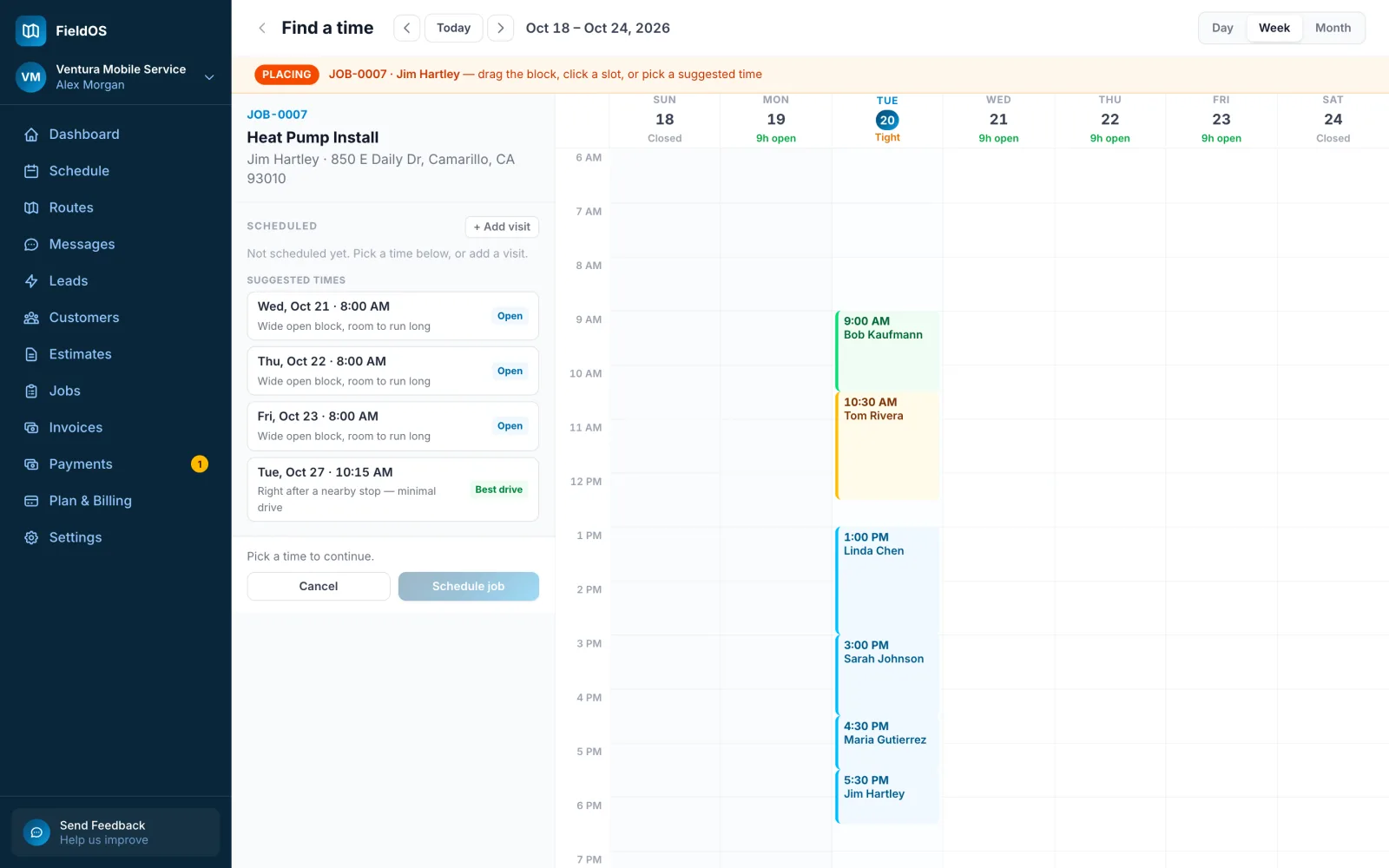 Find a time, placing a job on the week