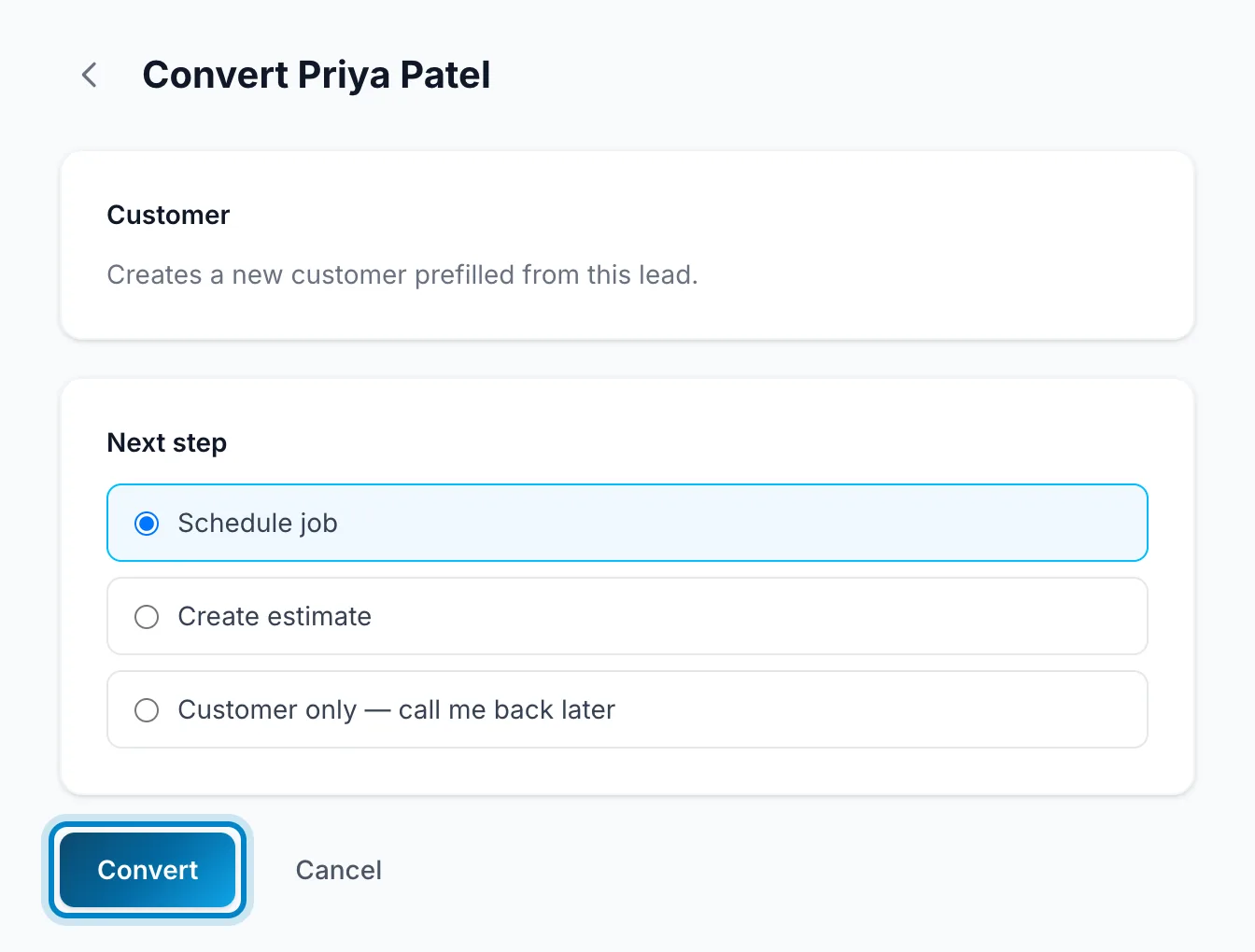 Converting a lead, with Next step chosen