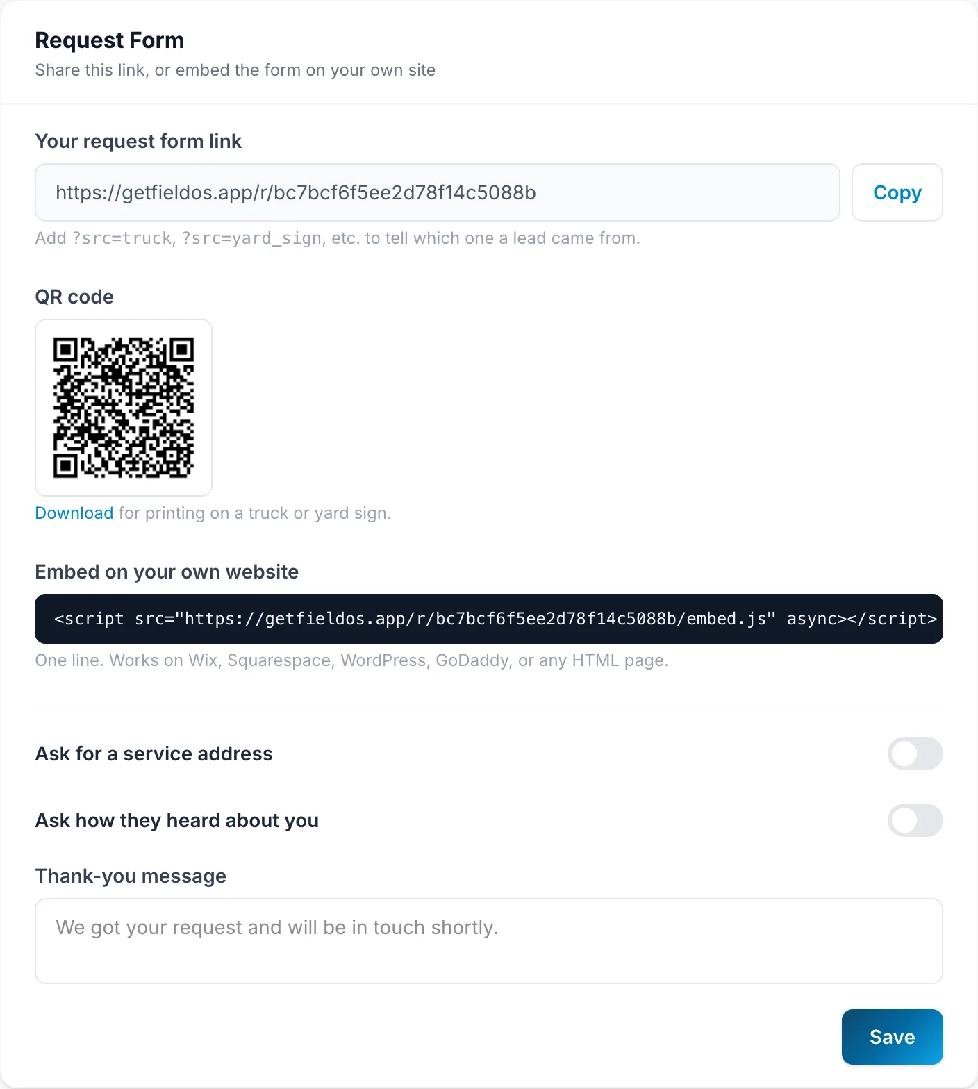 The Request Form section of Settings