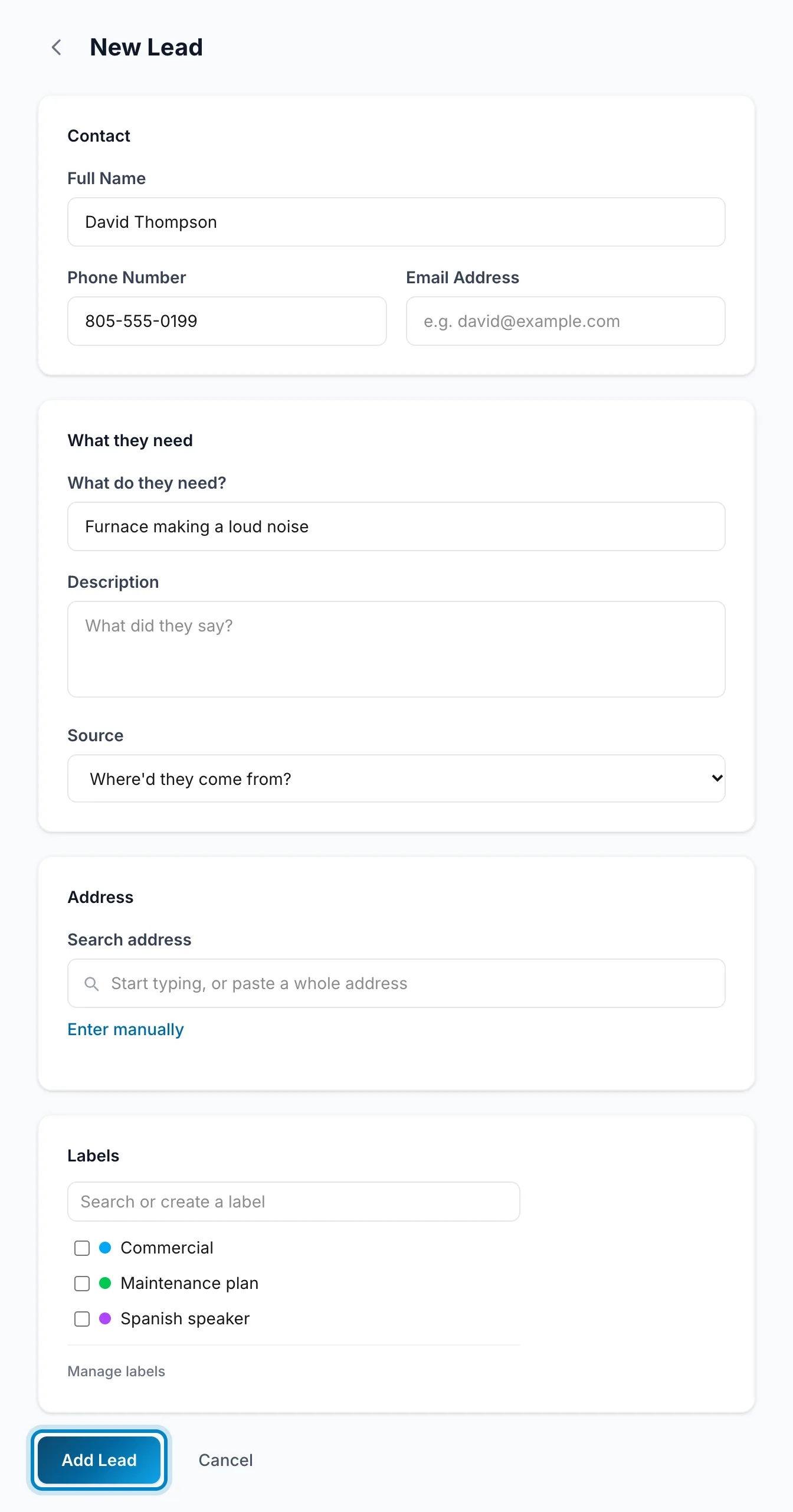 The New Lead form filled in, with the Add Lead button marked