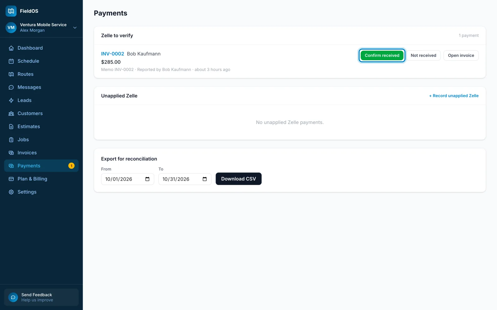 The Payments page with a payment to confirm