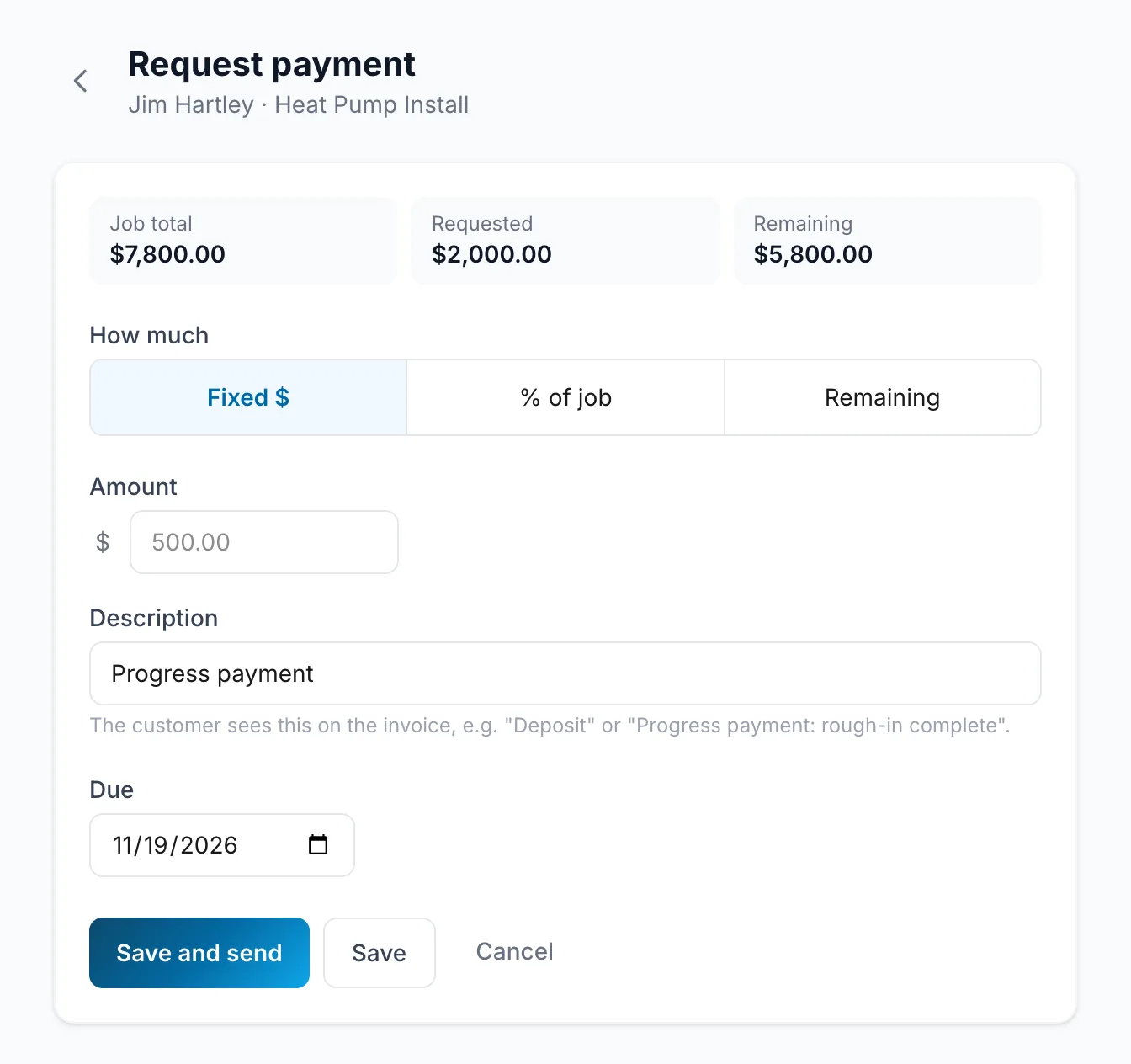 Request payment, with a deposit already requested
