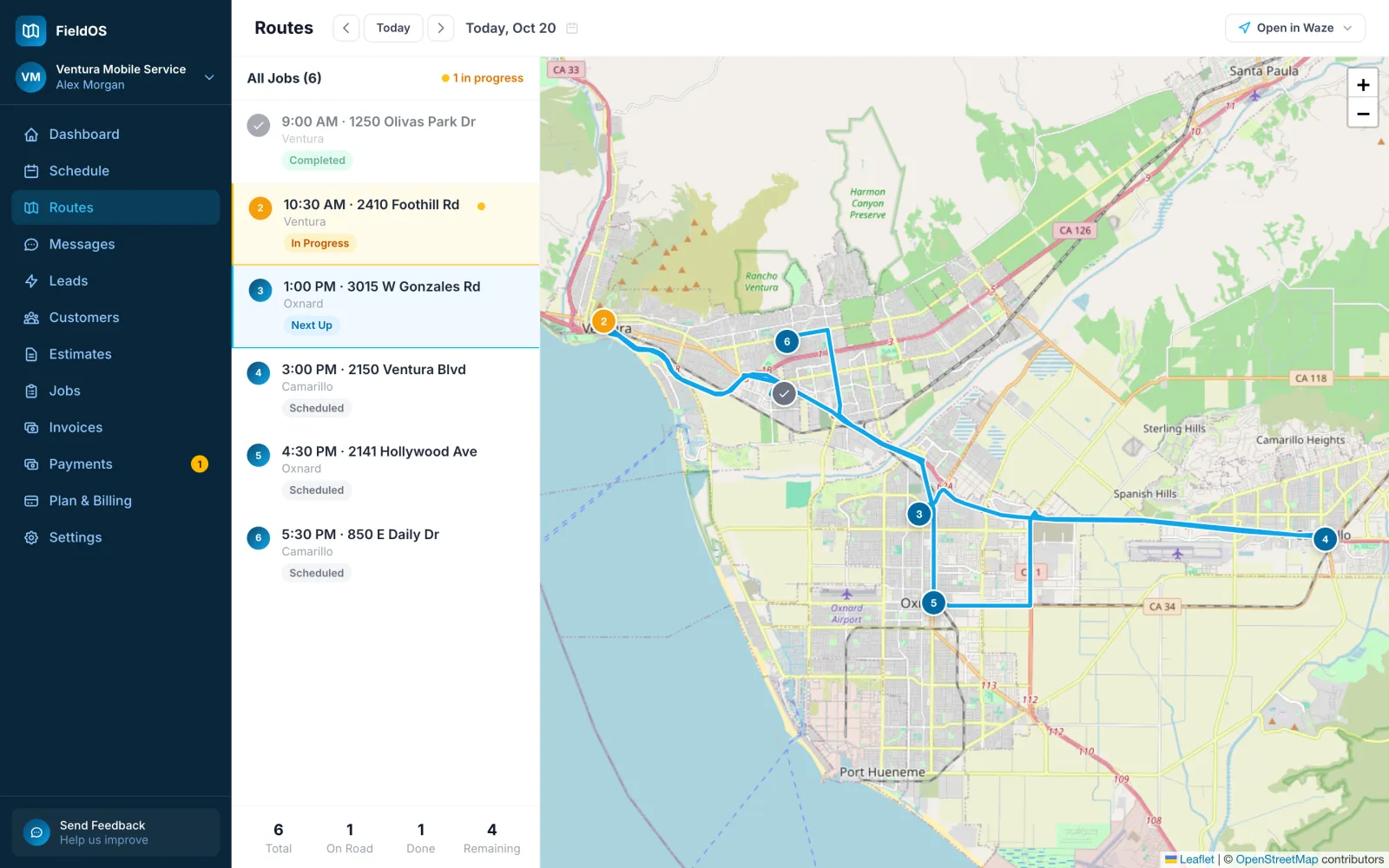Routes, with today's stops on the map