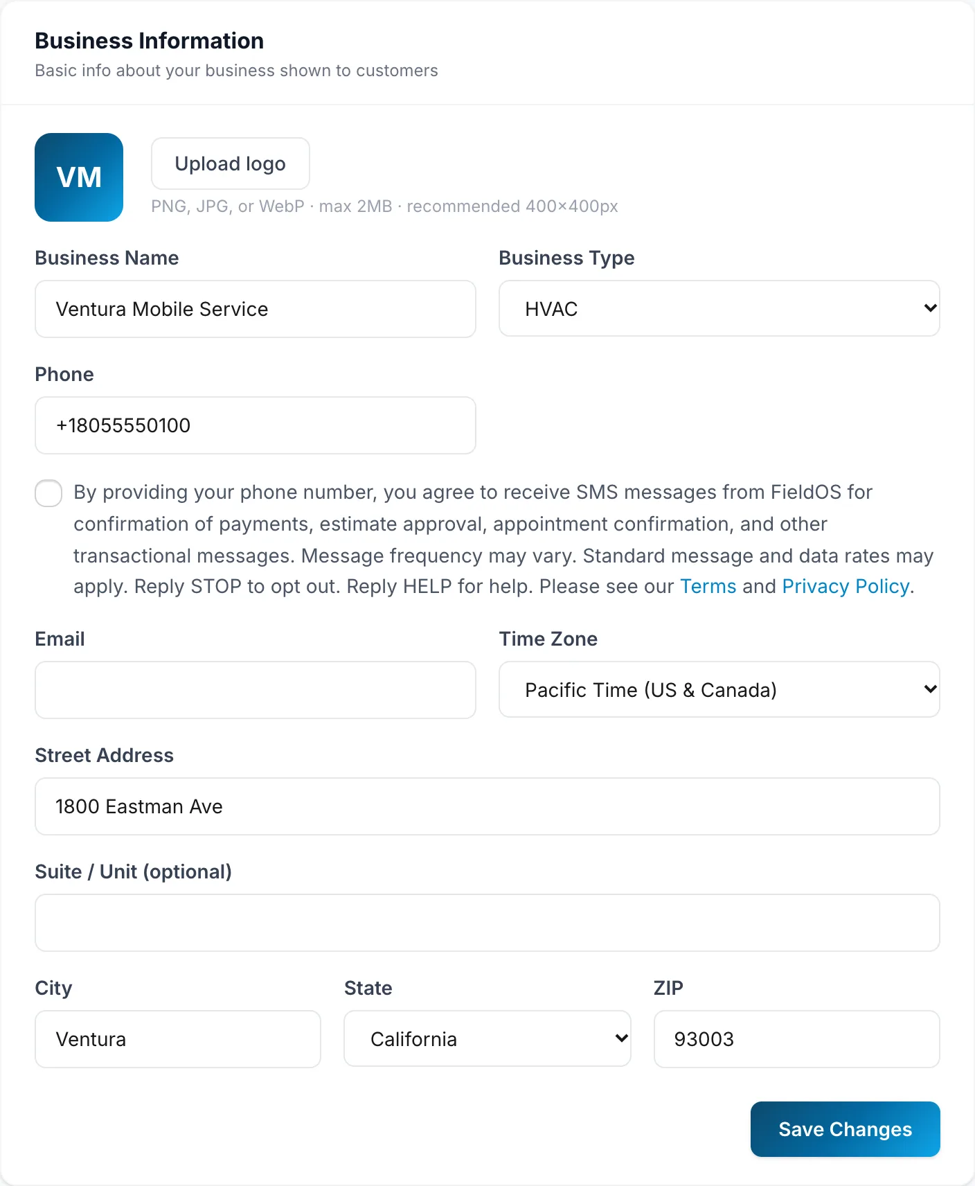 The Business Information section of Settings