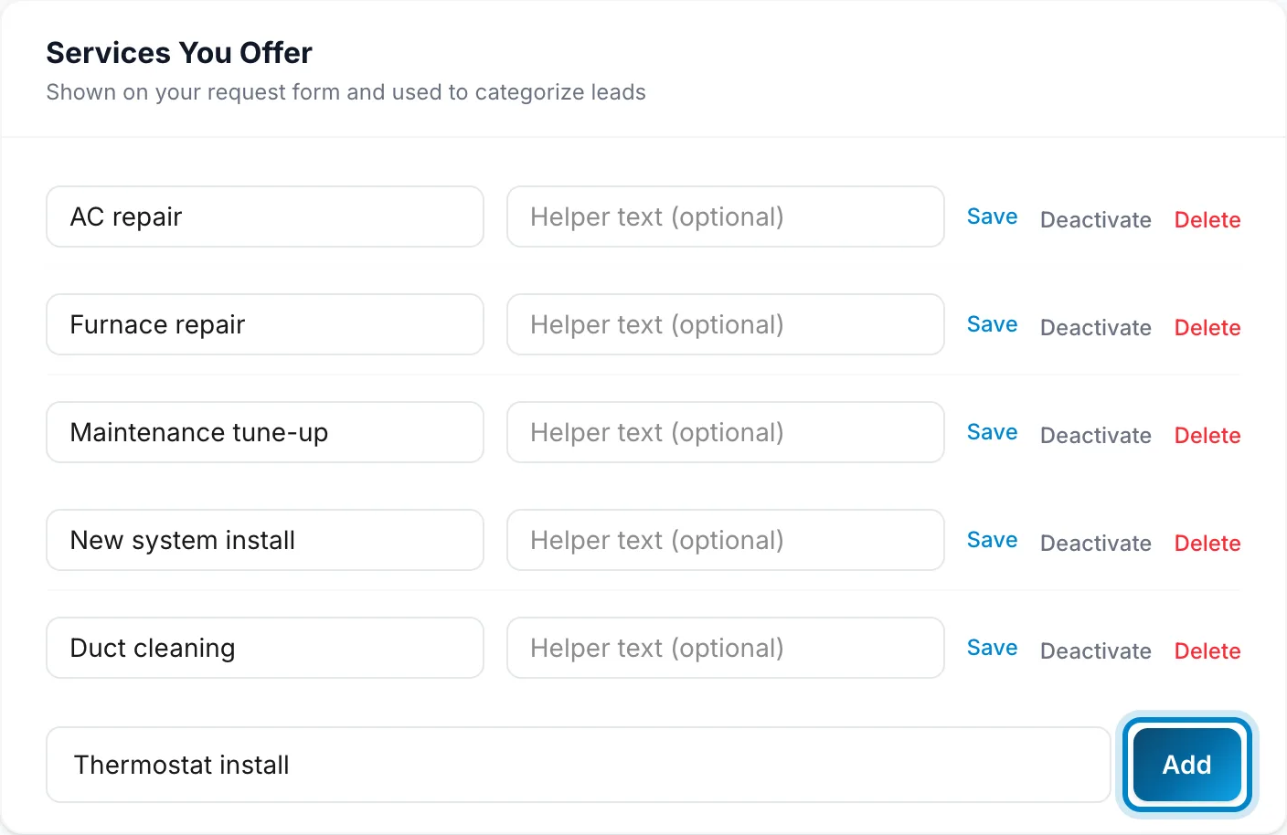 Services You Offer, with a new service typed in and Add marked